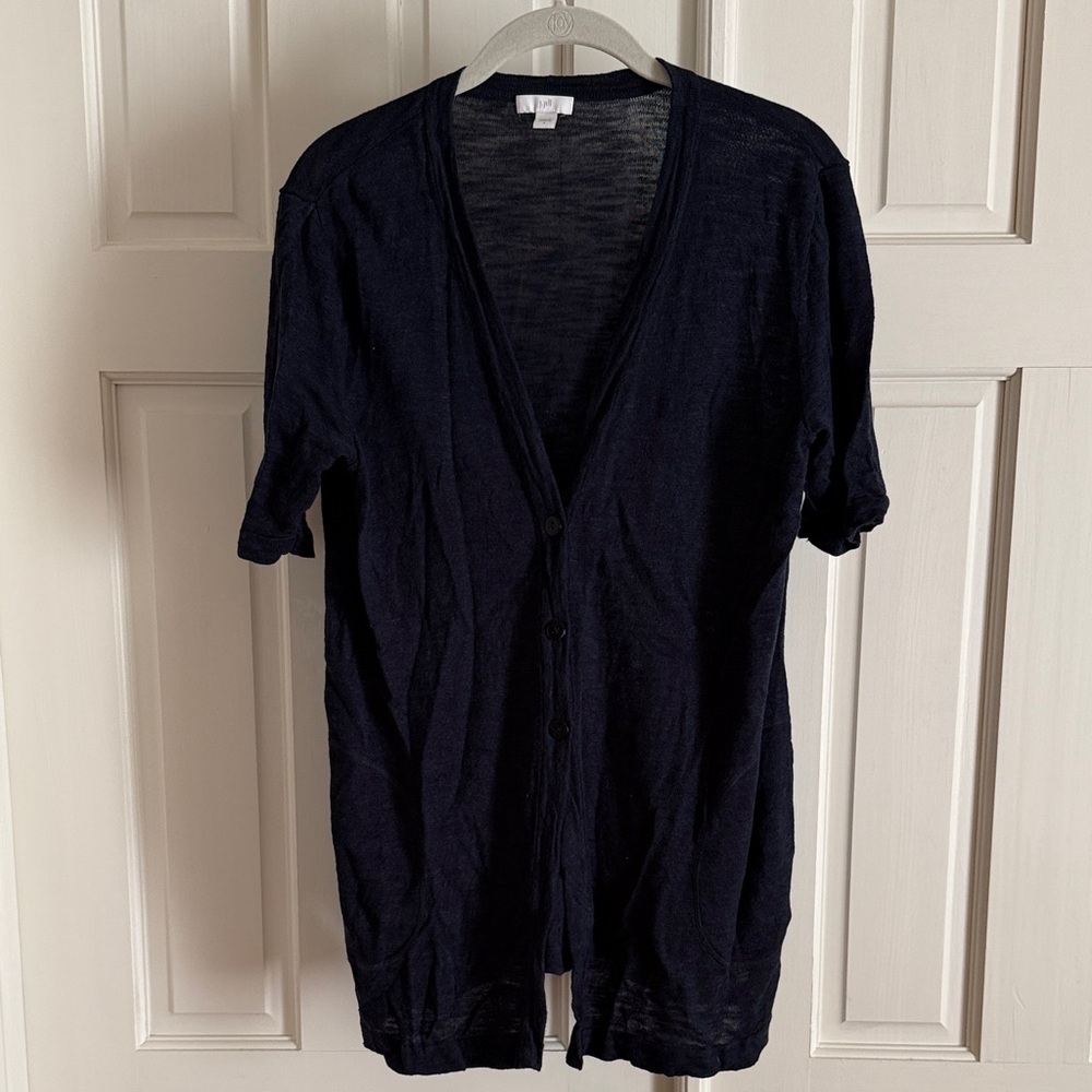 J. Jill Navy Linen Short Sleeve Open Cardigan with pockets